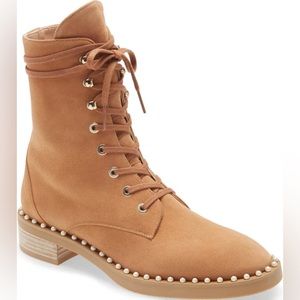 STUART WEITZMAN Sondra Suede Pearl-Trim Combat Booties
